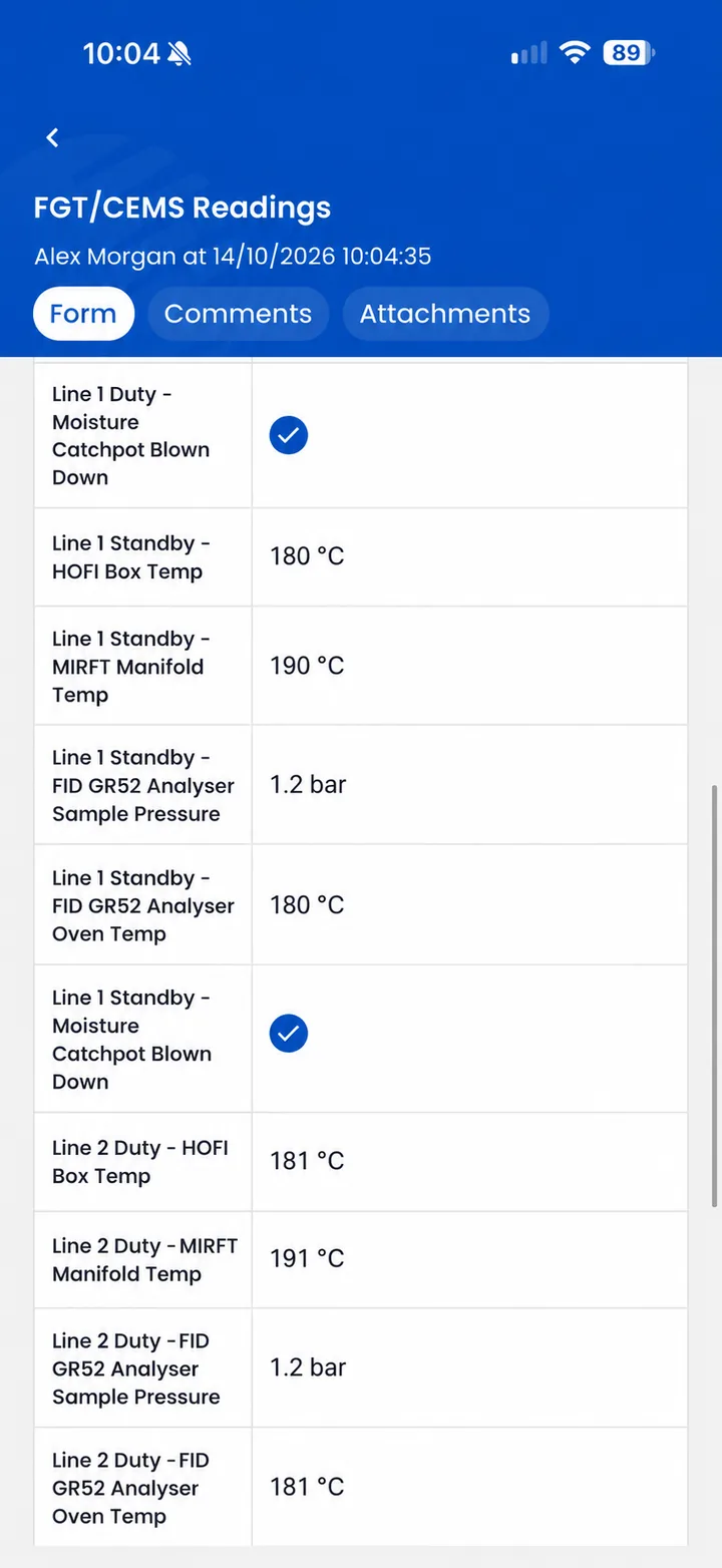 Mobilog FGT/CEMS Readings entry on a phone: temperatures, pressures and checked items for duty and standby lines, recorded by Alex Morgan.