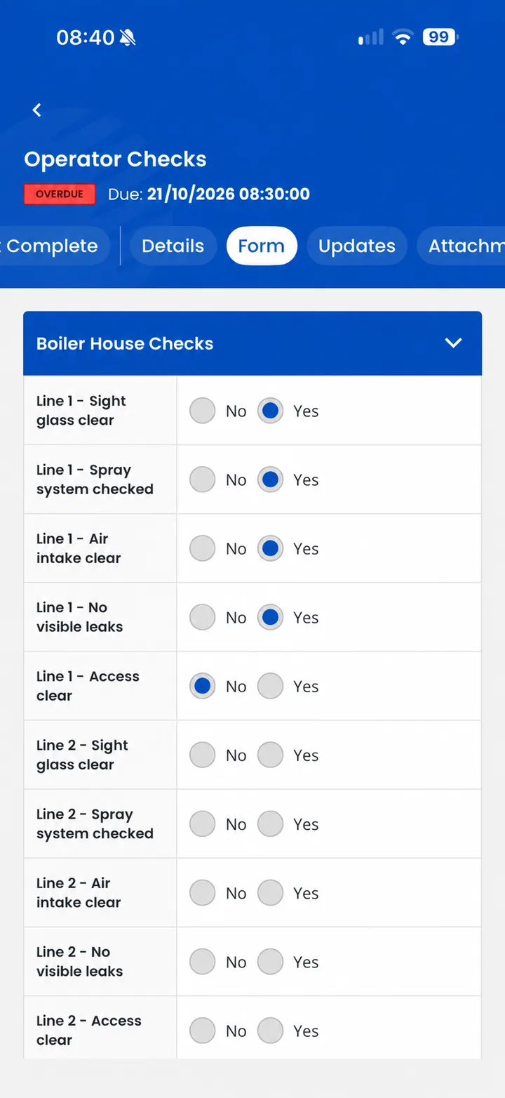 Mobilog Operator Checks form on a phone: Boiler House Checks with yes and no answers for sight glasses, spray systems, air intakes, leaks and access, marked overdue.