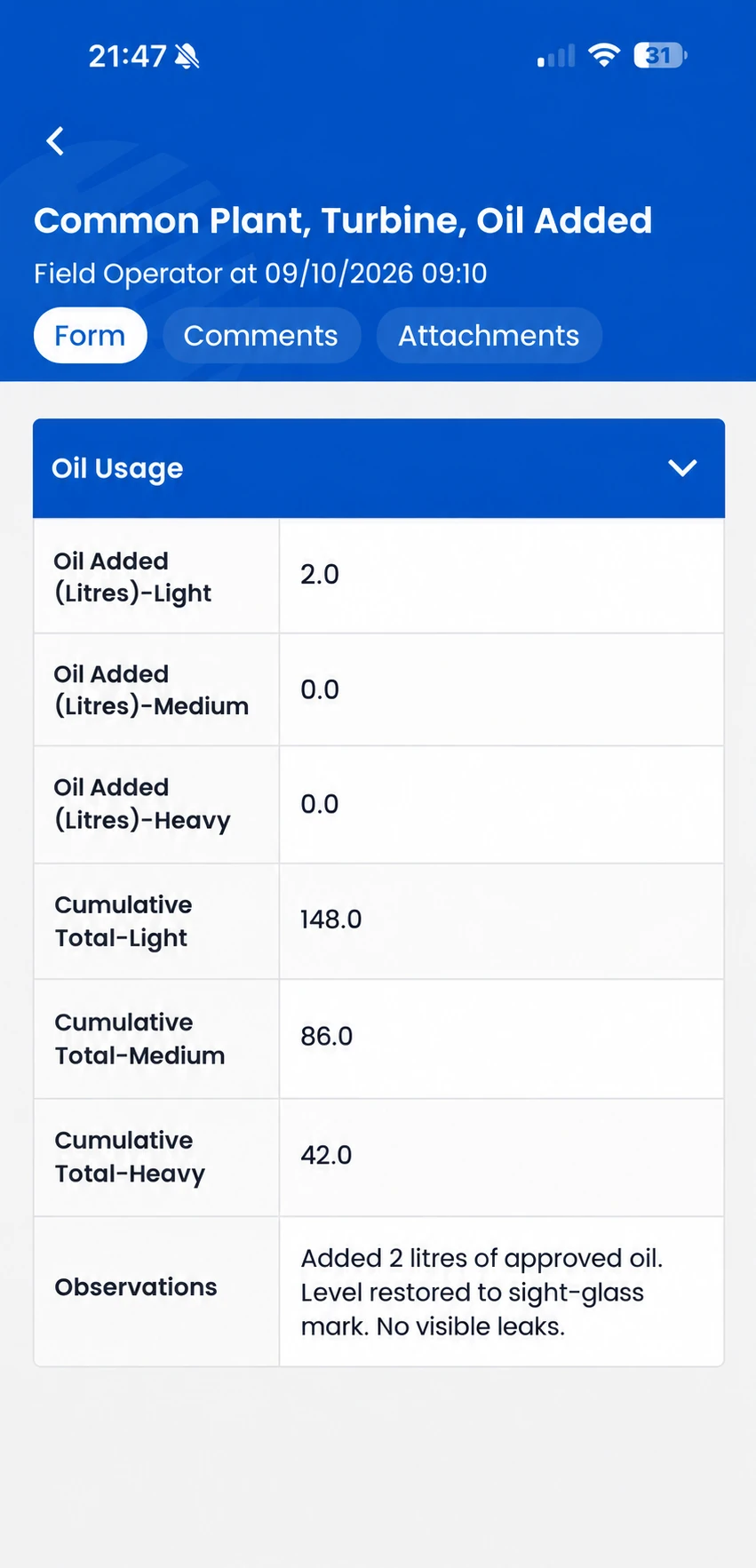 Mobilog entry on a phone: Common Plant, Turbine, Oil Added form with oil quantities, cumulative totals and an operator observation