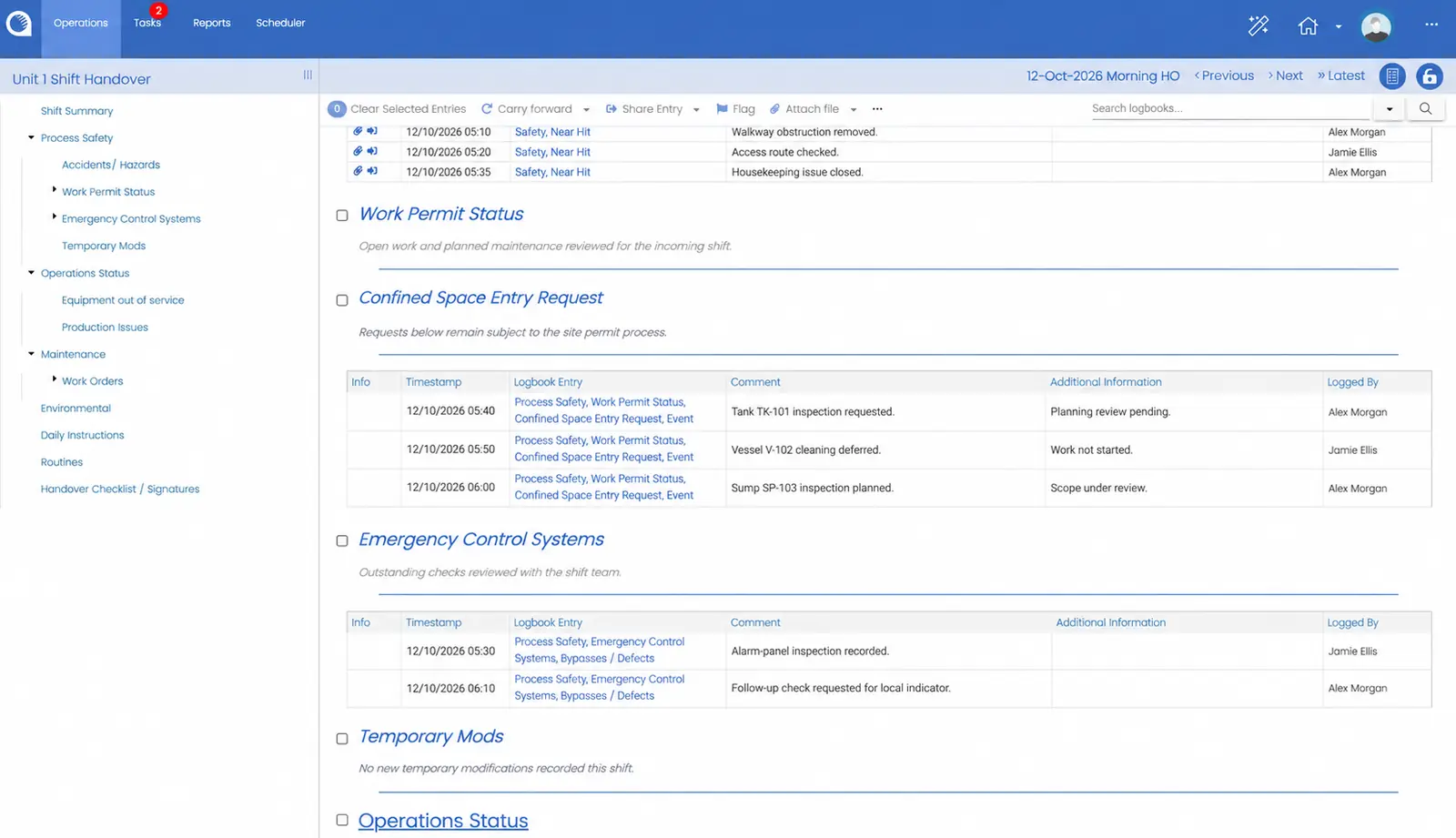 Opralog handover record with work status, inspection requests and emergency-system observations.